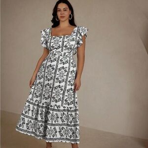Square Neck Black & White Floral Midi Dress